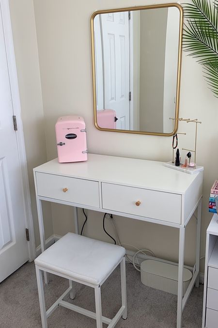 This desk also serves as a mini vanity. It’s perfect for small spaces. It includes two spacious drawers, a drill and a compact mirror with LED lights. 

#LTKhome