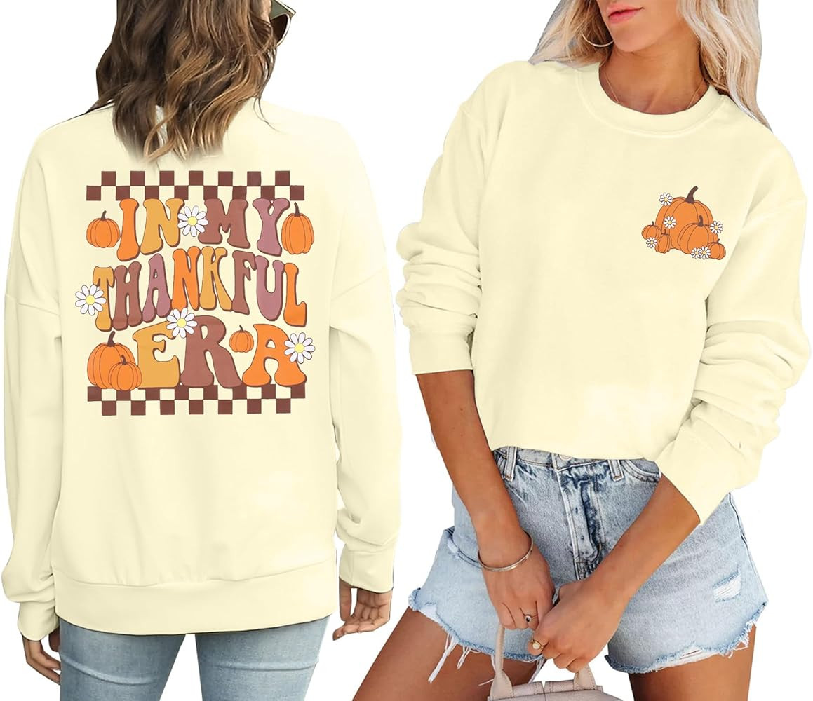 LUKYCILD Thanksgiving Sweatshirt Fall Pumpkins Sweater: In My Thankful Era Pullover Tops Casual A... | Amazon (US)