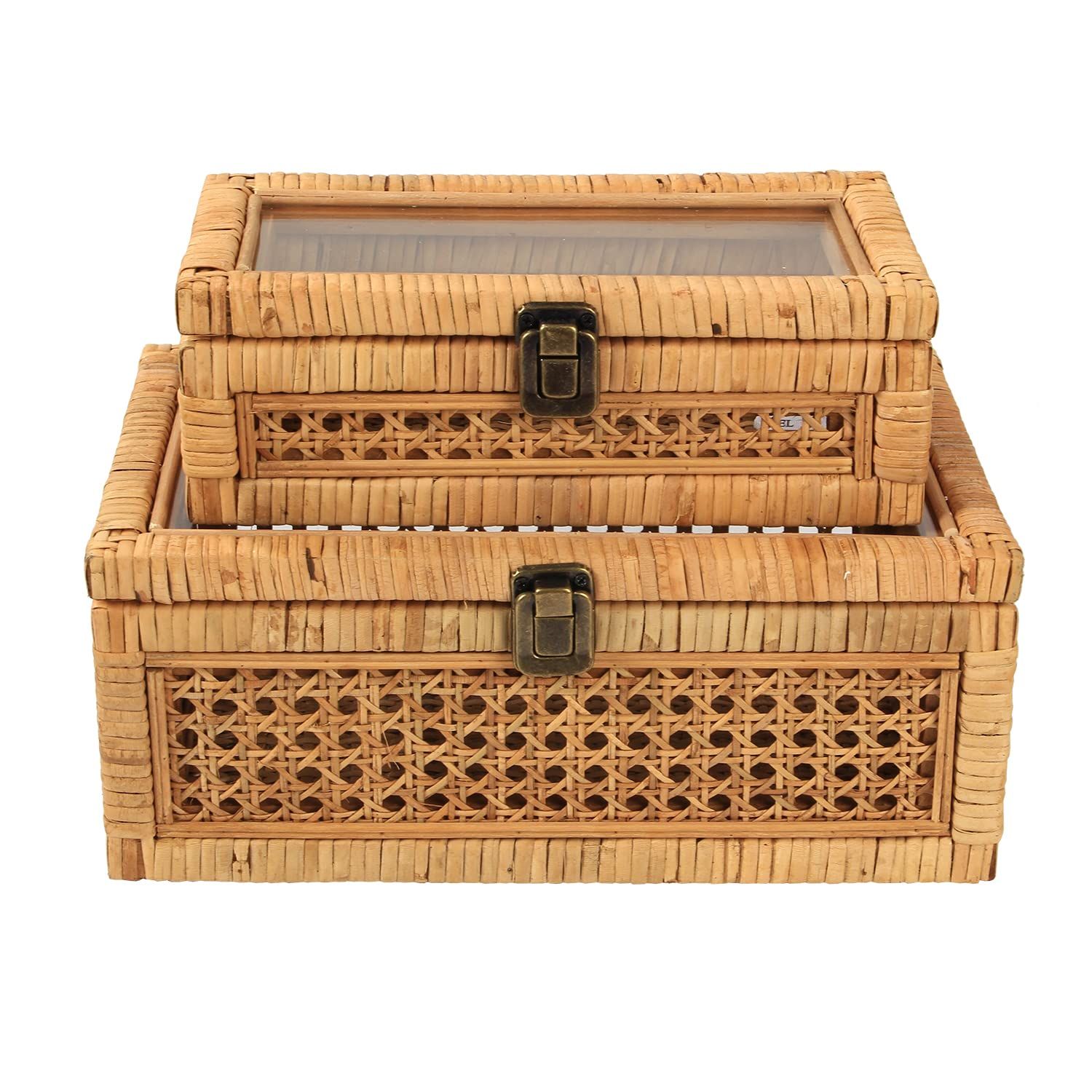 HUAXIN CRAFT H Rattan Box with Lids, Rectangular Woven Case with Glass for Display, Set of 2 Wicker  | Amazon (US)