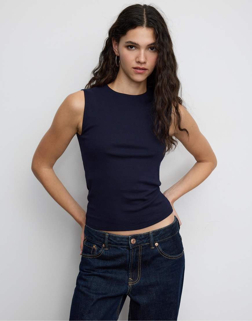 Stradivarius Basic sleeveless t-shirt in navy blue | ASOS (Global)