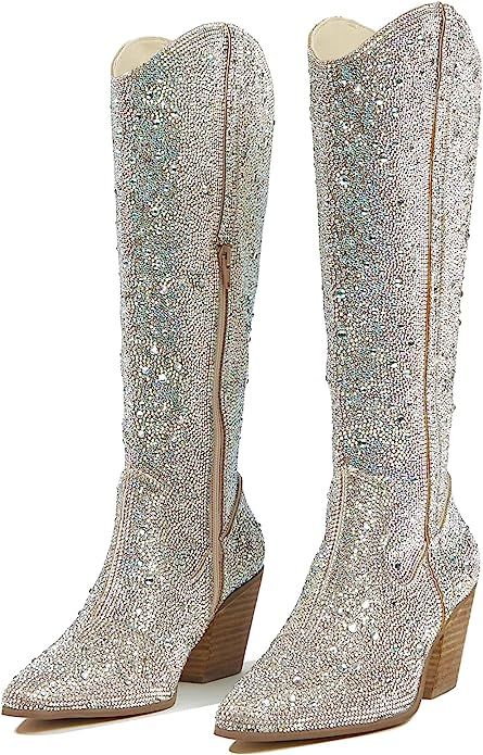Yallmay Women's Cowboy Rhinestone Boots Knee High Sparkly Boots Pointed Toe Pull On Design 6cm Ch... | Amazon (US)