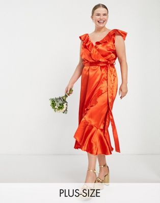 Little Mistress Plus Bridesmaid frill wrap dress in sunset orange | ASOS (Global)