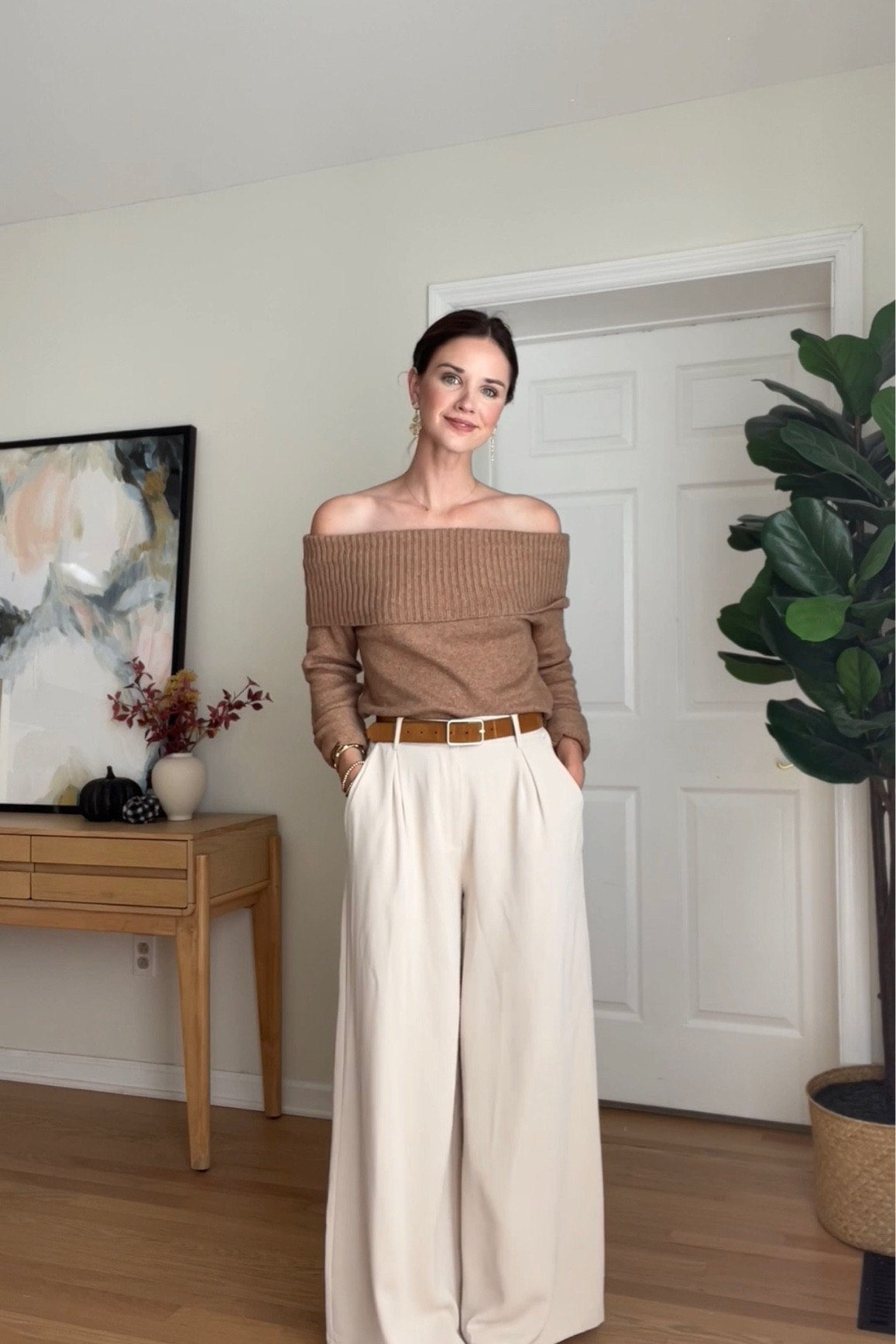 Off the shoulder sweater: wearing s
Trousers: in color “beige short” wearing s
Tan flats 

#LTKHoliday #LTKSeasonal #LTKstyletip