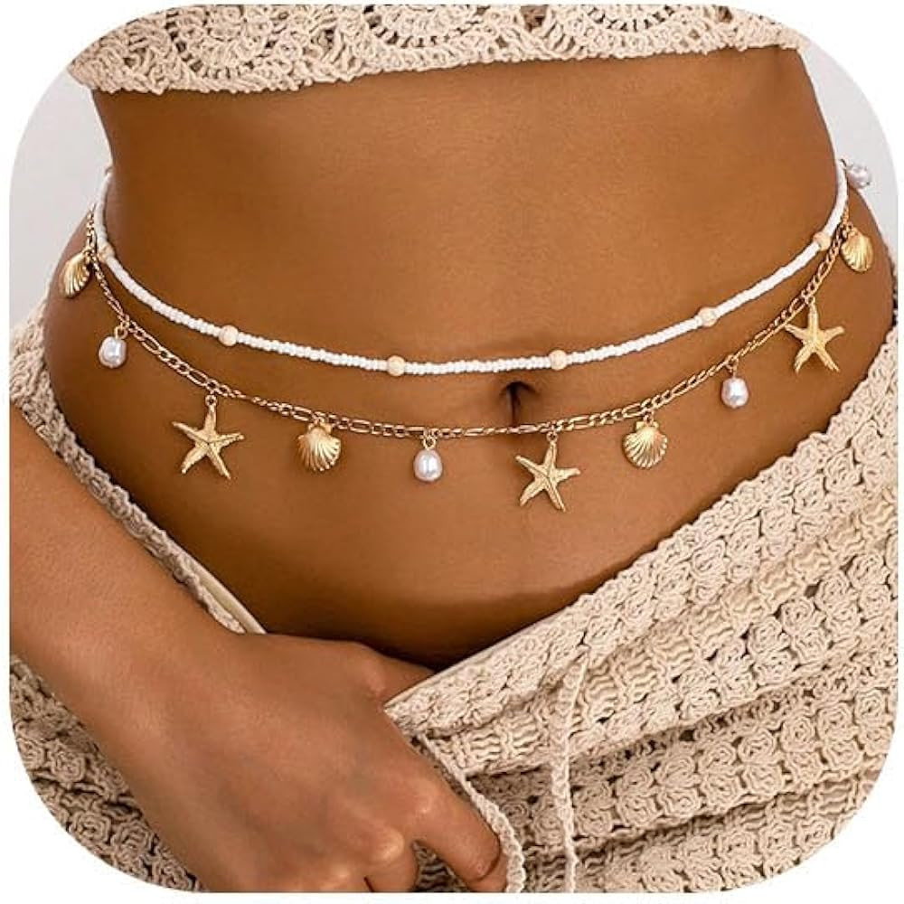 Gold Starfish Waist Chain for Women 2Pcs Adjustable Layered Belly Chain Bohemian Shell Beaded Bik... | Amazon (US)