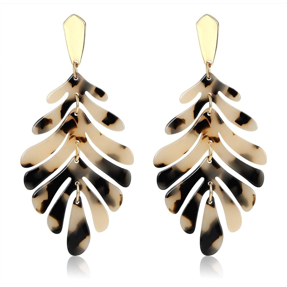 Acrylic Pendant necklace Earrings – Long Statement Leaf Charm Necklace Tortoise Resin Palm Leaf... | Amazon (US)