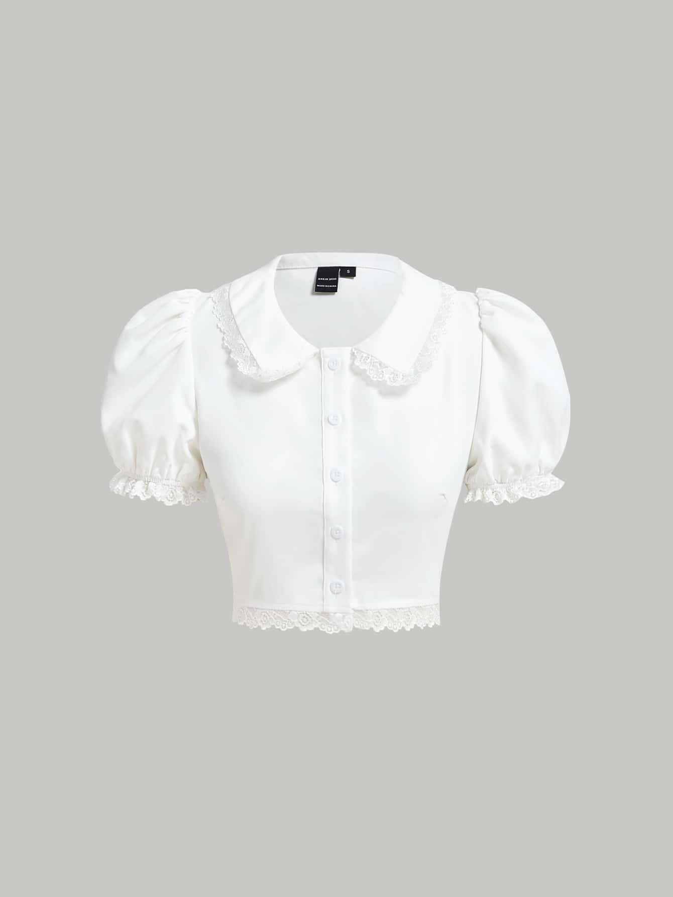 SHEIN MOD Lace Trim Puff Sleeve Crop Blouse,Short Sleeve Tops | SHEIN