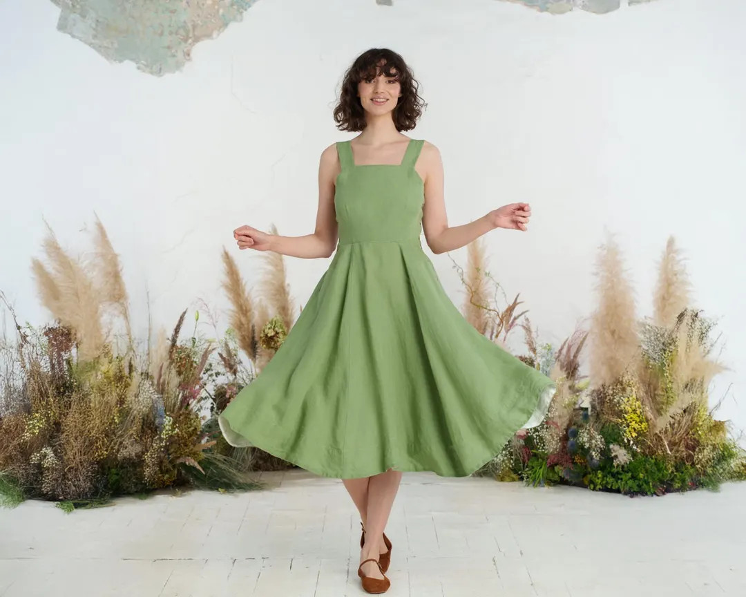 LINEN STRAP DRESS | Matcha Latte Pinafore Dress, Linen Clothing, Summer Style, Women Minimalist D... | Etsy (US)