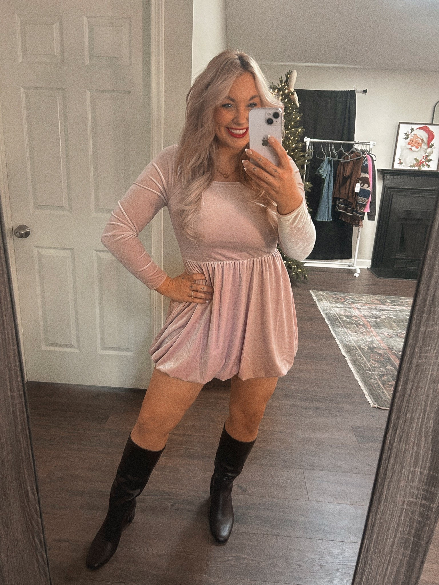 Love this velvet babydoll dress! Wearing a size medium! Boots are true to size! 

#LTKootd #LTKMidsize #LTKHoliday