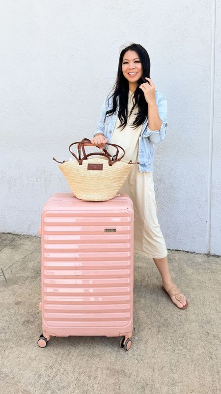 Casual comfy dress travel outfit, pink suitcase! 

#LTKTravel #LTKStyleTip #LTKItBag