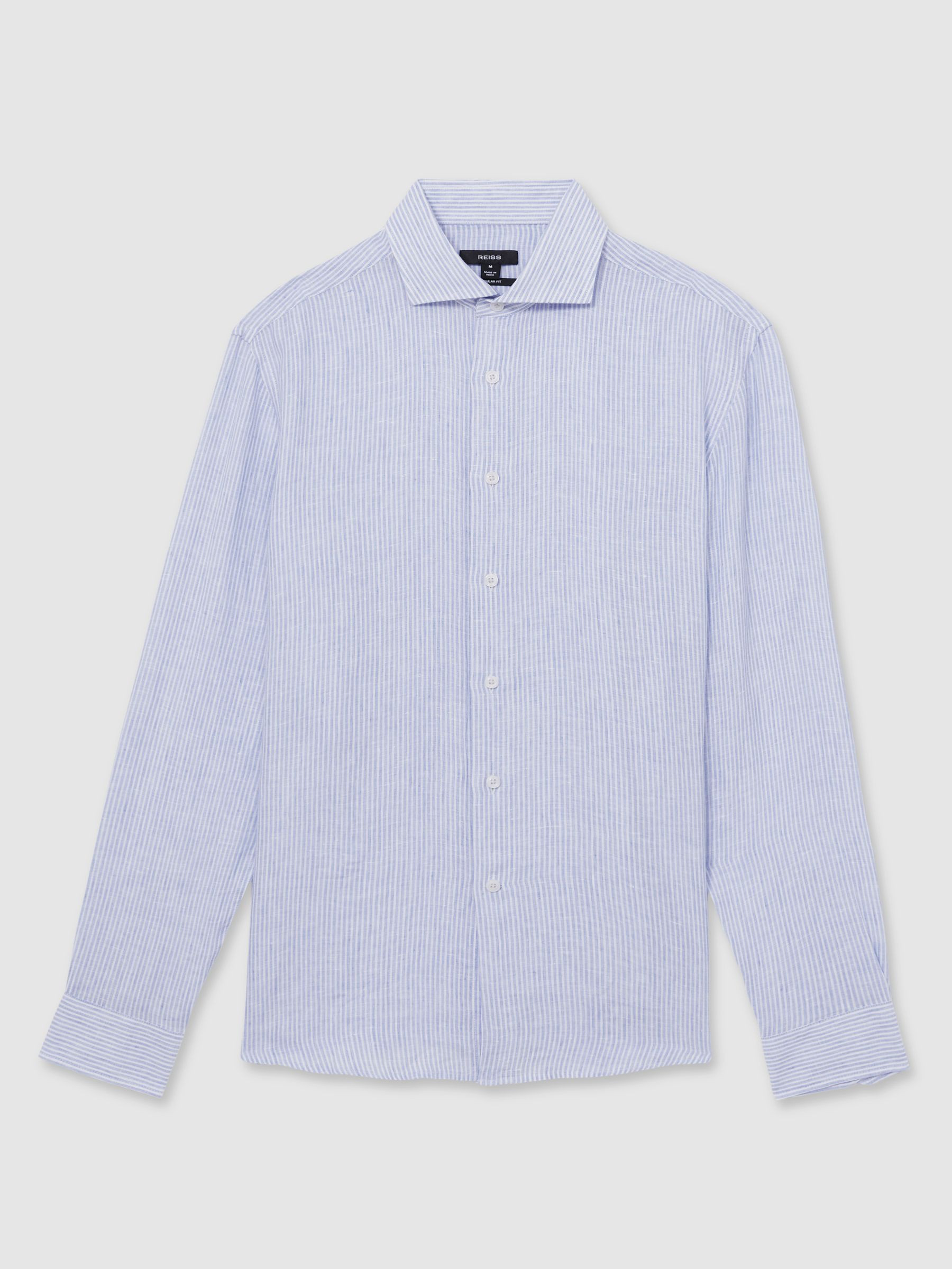 Reiss Linen Striped Cutaway-Collar Shirt Regular-Fit in Soft Blue/White Fine Stripe - REISS | Reiss UK