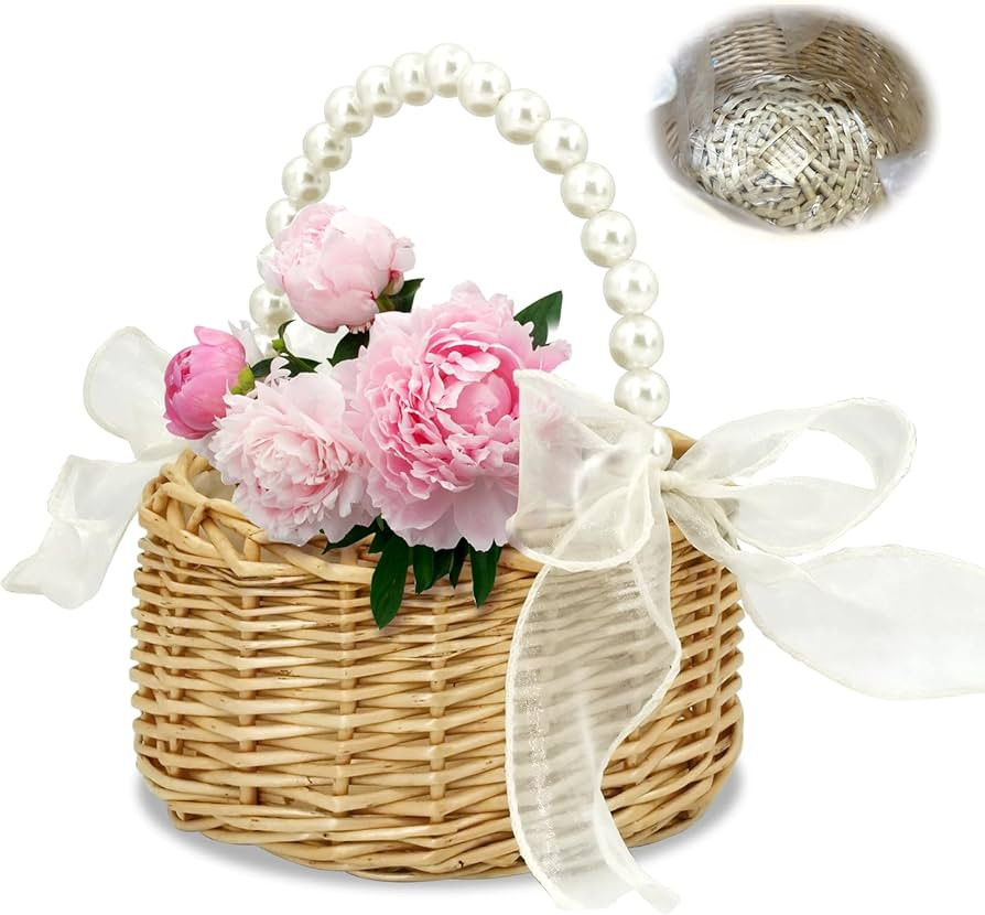 Flower Girl Basket - Woven Rattan Wedding Basket with Pearl Handle & Lace Bow, Rustic Elegant Flo... | Amazon (US)