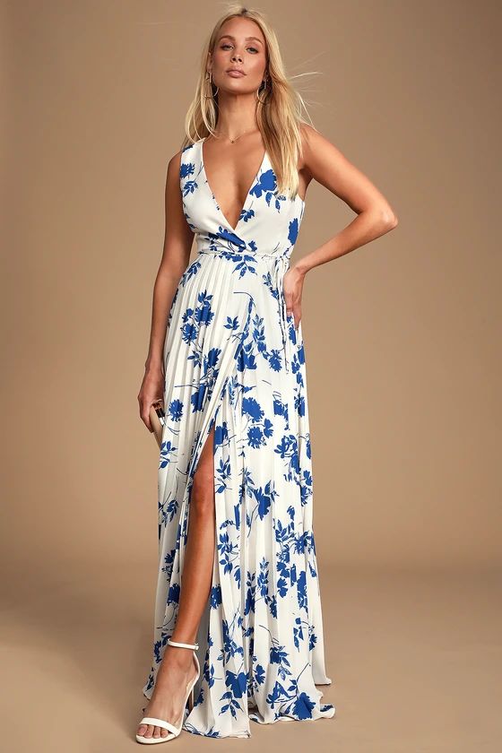 Lindsie Blue and White Floral Print Pleated Wrap Maxi Dress | Lulus (US)