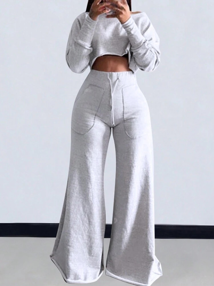 2pcs Women's Solid Color Round Neck Cropped Hoodie And Loose Drawstring Waist Straight Leg Sweatp... | SHEIN