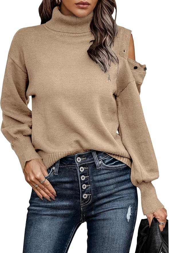 KIRUNDO Women's 2023 Fall Winter Turtleneck Button Cold Shoulder Sweater Casual Solid Lantern Sle... | Amazon (US)