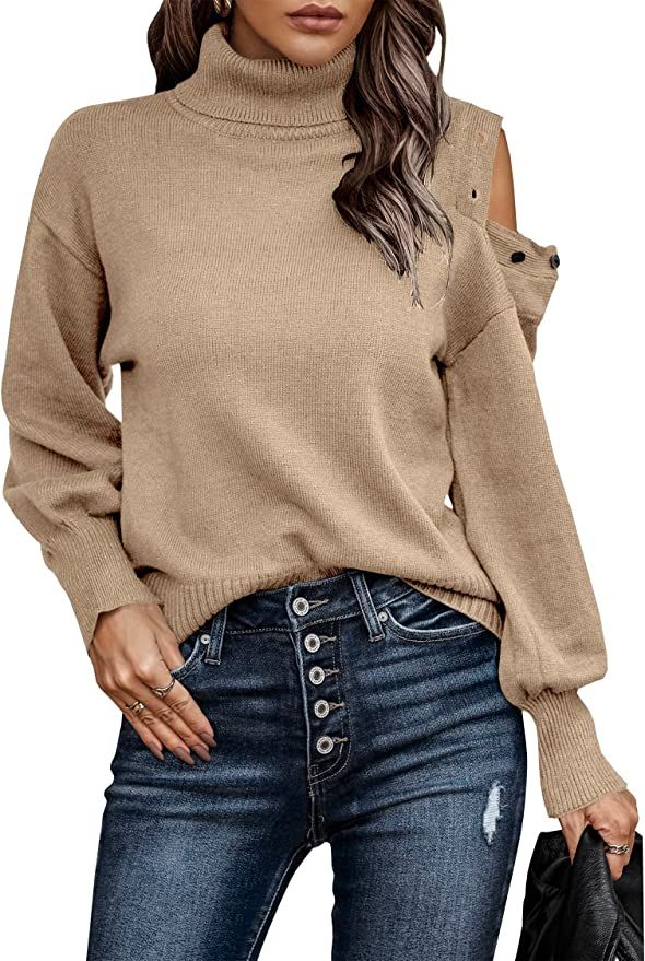 KIRUNDO Women’s 2022 Fall Turtleneck Button Cold Shoulder Sweater Casual Solid Color Lantern Sl... | Amazon (US)