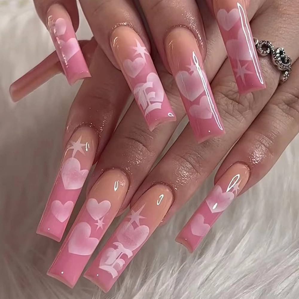 IMSOHOT Coffin Press on Nails Long Pink Fake Nails Heart Designs Ballerina Glossy Glue on Nails G... | Amazon (US)