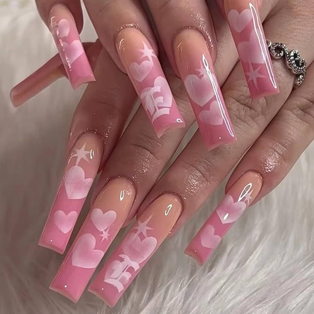 IMSOHOT Coffin Press on Nails Long Pink Fake Nails Heart Designs Ballerina Glossy Glue on Nails G... | Amazon (US)