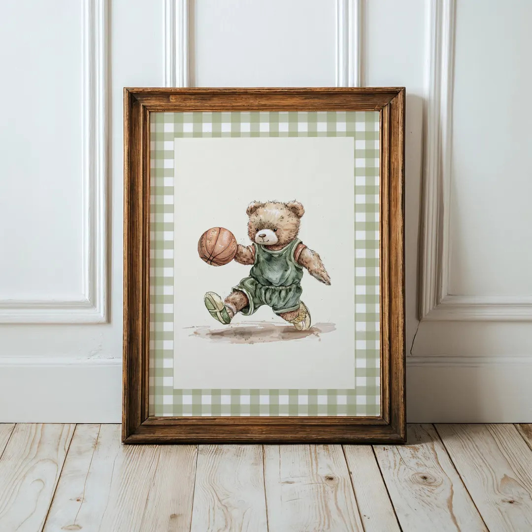 Vintage Basketball Teddy Bear Gingham Wall Art, Adorable Bear in Basketball Uniform, Decor for Ki... | Etsy (US)