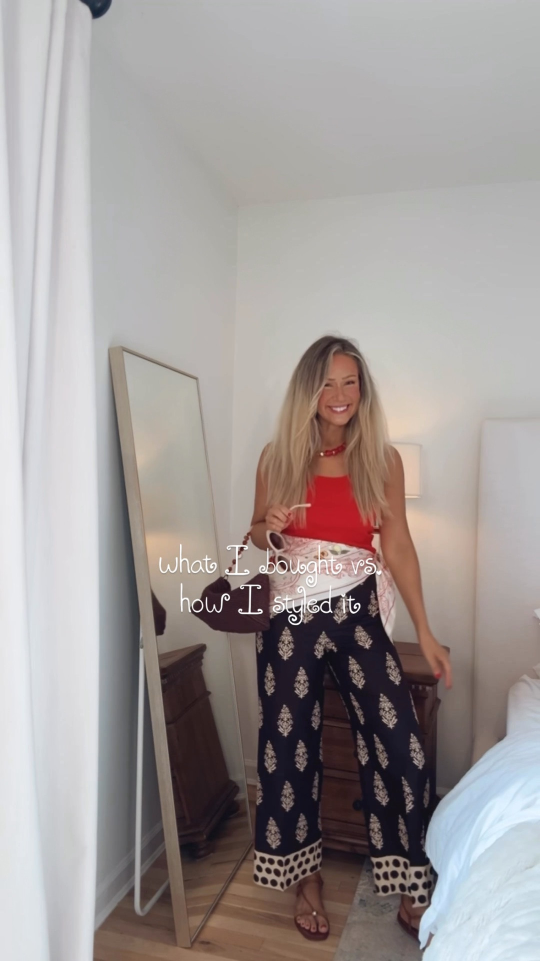 Affiliate links - I earn commission on purchases made through my links | casual and trendy summer outfits
Printed pants
Amazon red tank top
Scarf
Beaded necklace
