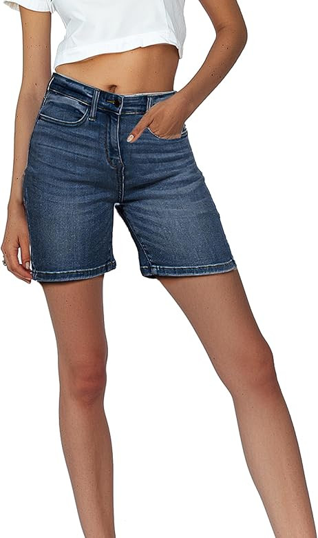 Pantete Women's Stretchy Jean Shorts High Waist 7" Inseam Summer Denim Jorts | Amazon (US)