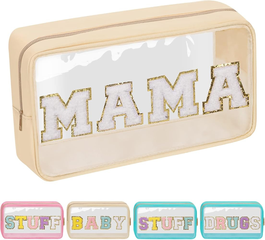 Iqimott Preppy Patch Clear Mama Bag, Women Chenille Letter Makeup Cosmetic Bag for Travel, Nylon ... | Amazon (US)