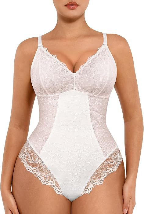 FeelinGirl Lace Shapewear Bodysuit Tummy Control V-Neck Sleeveless Tank Top     Double-Layered Sh... | Amazon (US)
