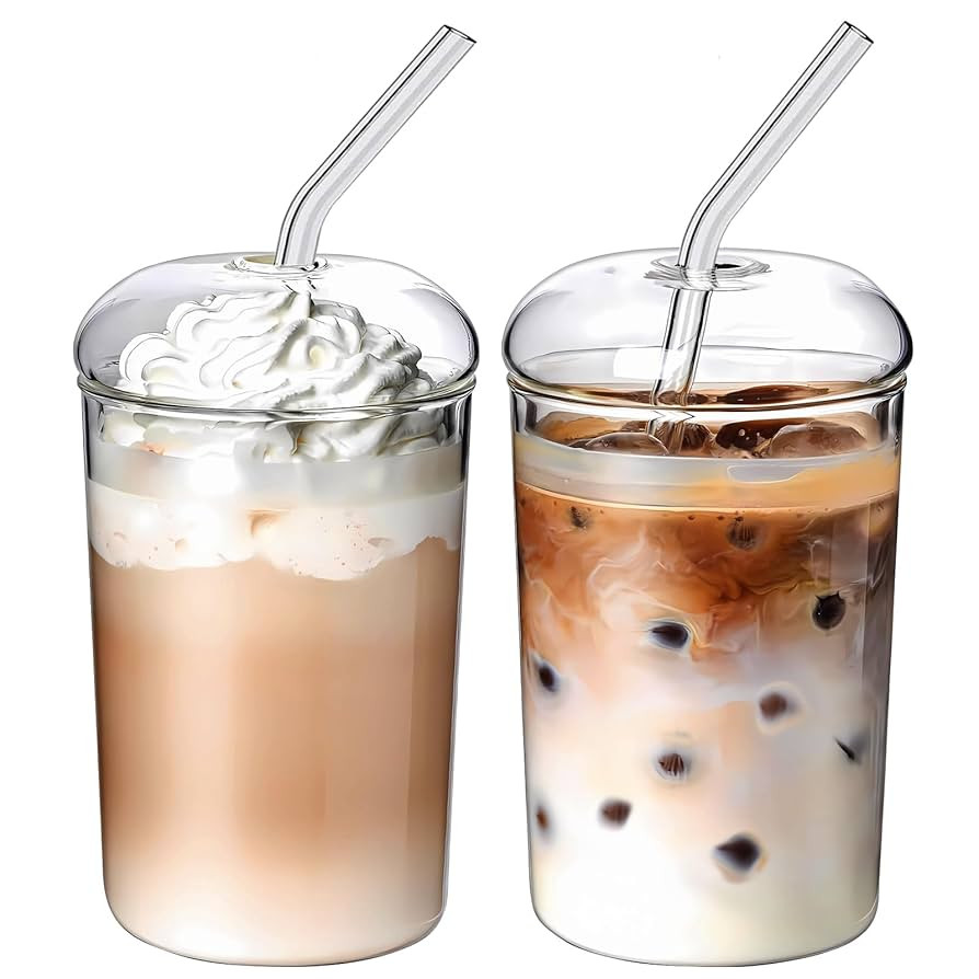 2 Pcs Drinking Glasses with Glass Lids and Glass Straw 16oz Glassware Set,Iced Coffee Glasses,Ide... | Amazon (US)