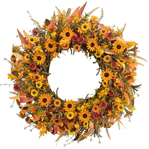 J'FLORU 28 Inch Artificial Fall Wreath Large Fall Wreaths for Front Door Autumn Wreath with Daisy and Lavender Berry Fall Leaves for Wall Fireplace Farmhouse Thanksgiving Day Harvest Festival Decor | Amazon (US)