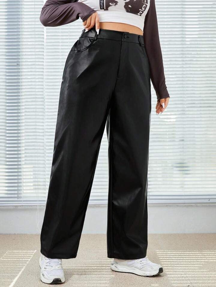 SHEIN EZwear Plus High Waist PU Leather Pants | SHEIN