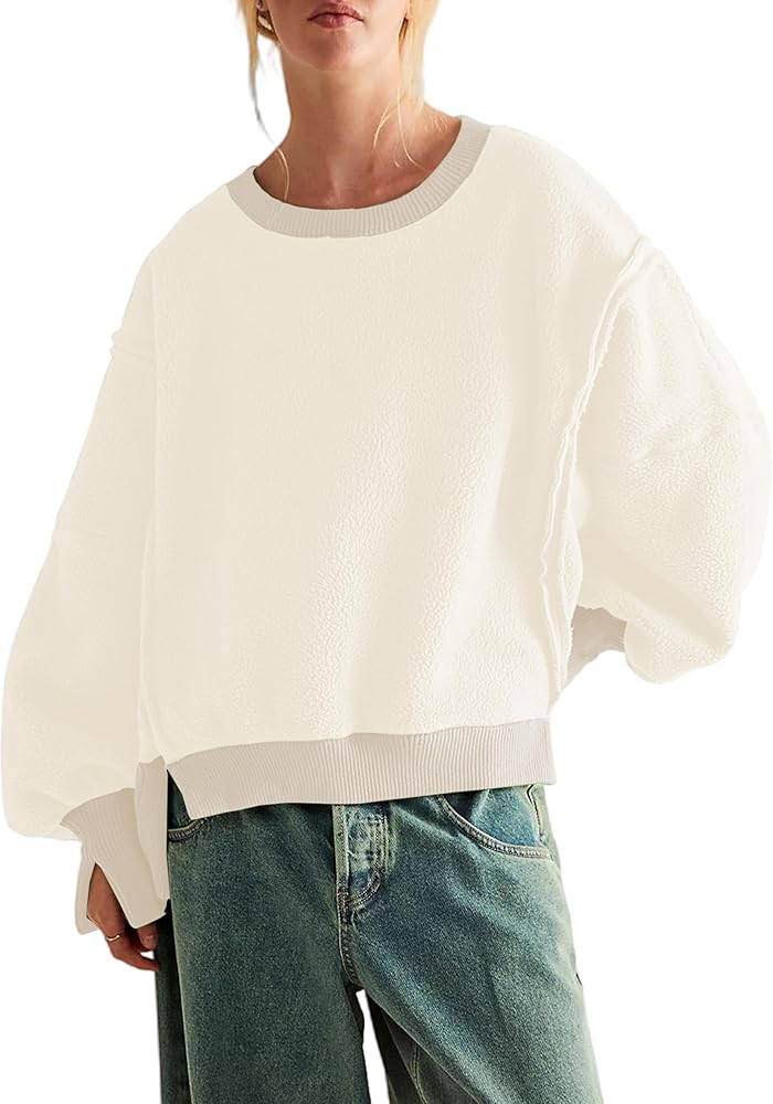 Women's Fleece Sweatshirt Cozy Crewneck Pullover Long Sleeve Oversized Workout Fall Top | Amazon (US)