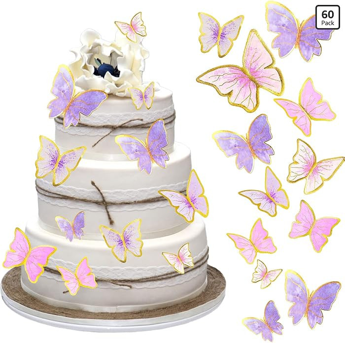 60Pcs Butterfly Cupcake Topper Pink Purple Gold, Lively 3D Butterflies for Cake Decor Birthday An... | Amazon (US)