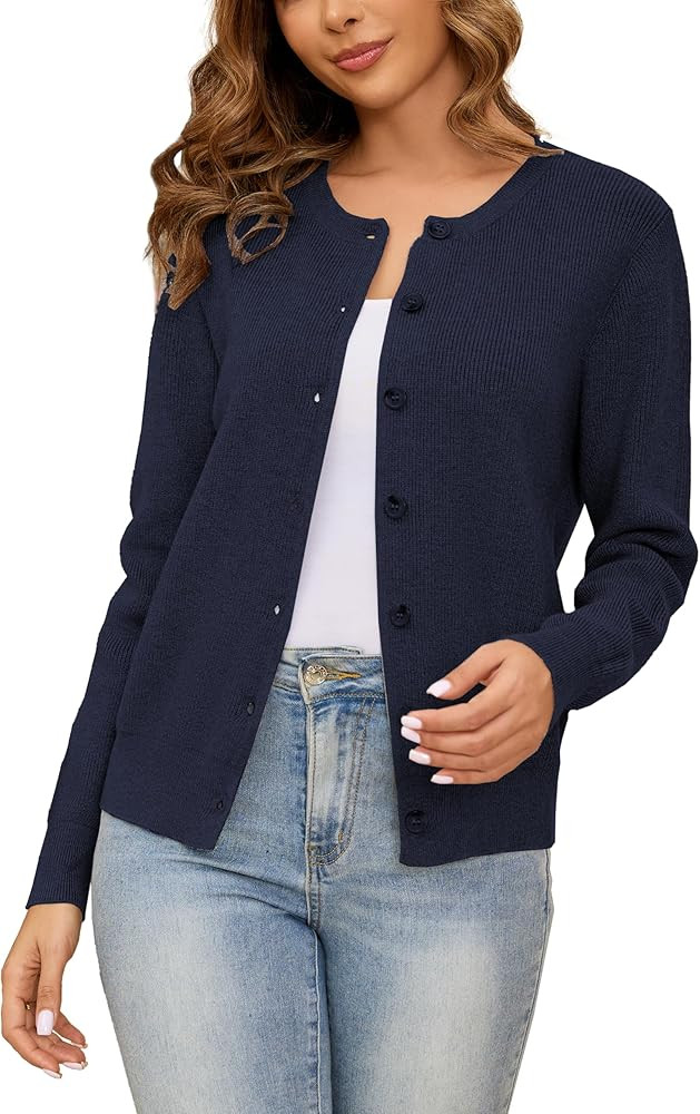 Women's Crew Neck Cardigan Button Down Long Sleeve Soft Knit Cardigan Sweater Tops | Amazon (US)