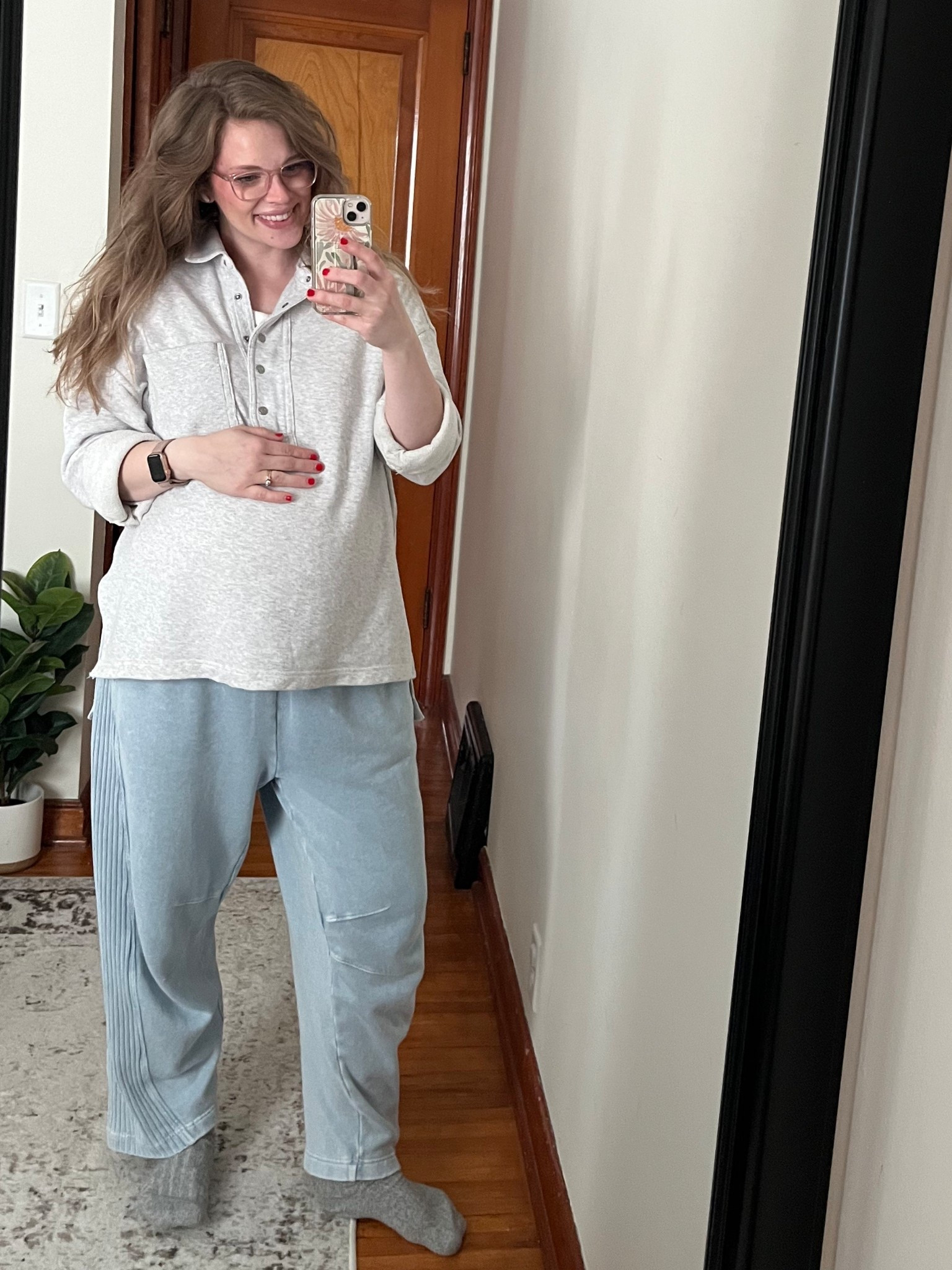 Size large in bottoms, medium in top, and large in tank top! 

35 weeks and sweatpants it is! 