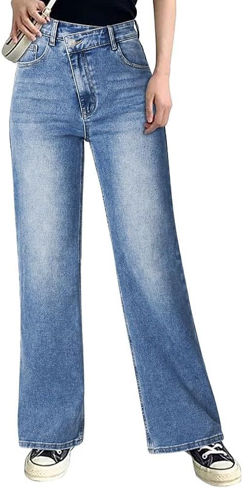 Women Crossover Wide Leg Jeans – Stretch Baggy Jeans High Waisted Trendy Boyfriend Jeans Crissc... | Amazon (US)