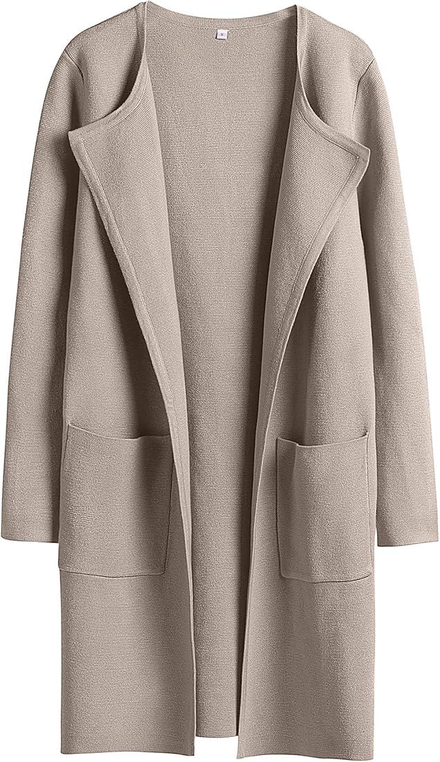 Women's Open Front Knit Cardigan Long Sleeve Lapel Casual Solid Classy Sweater Jacket Trench Coat... | Amazon (US)