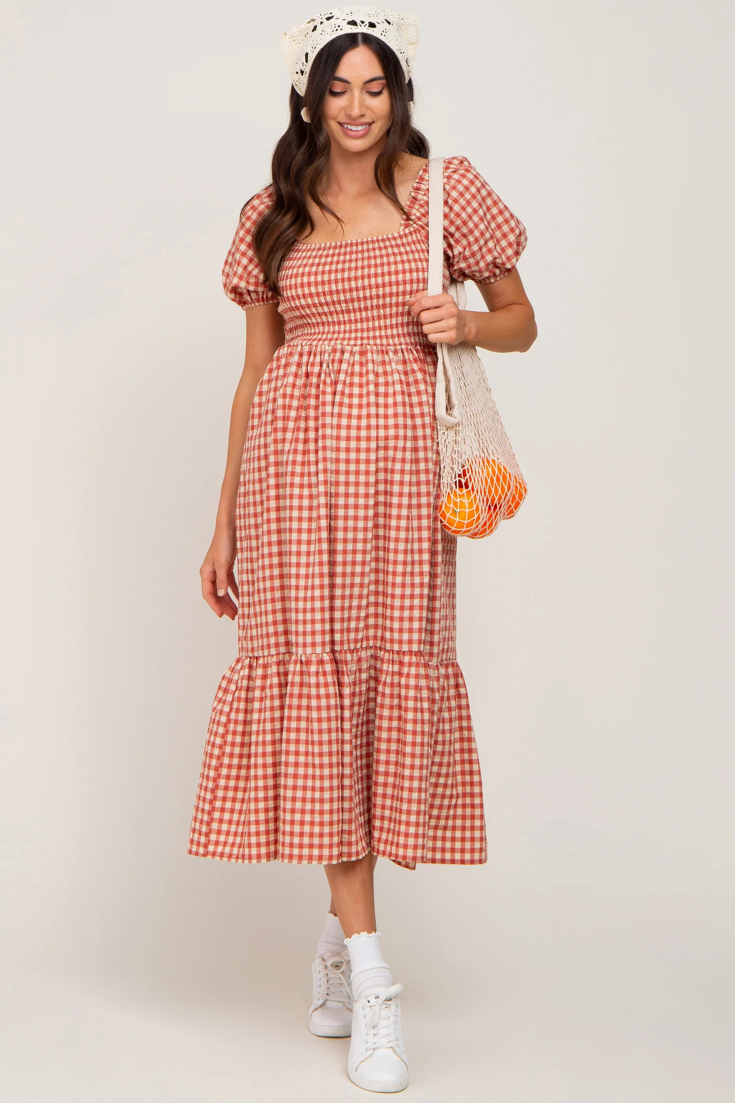 Rust Gingham Smocked Maternity Midi Dress | PinkBlush Maternity