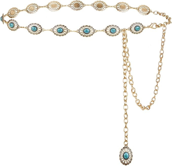 FIORETTO Metal Waist Chain Link Belt for Women Western Cowgirl Boho Turquoise Belts for Dress Jea... | Amazon (US)