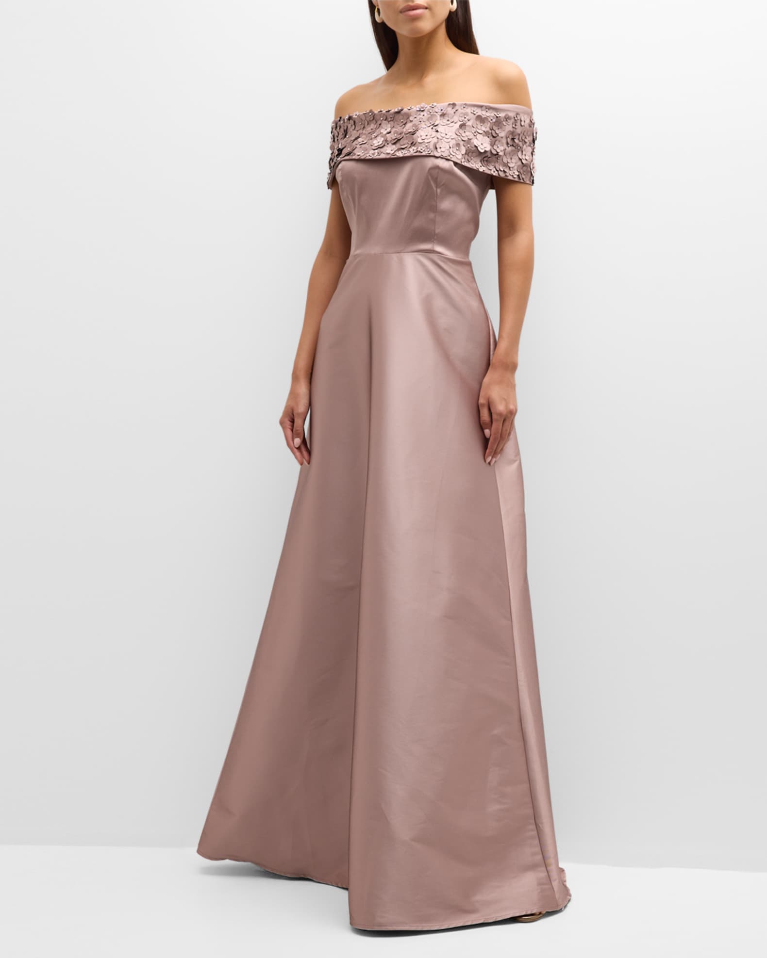 Off-Shoulder Floral Applique A-Line Gown | Neiman Marcus