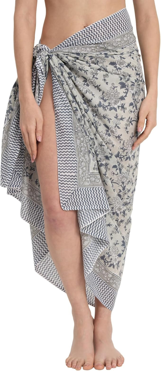 Cotton Block Print Long Beach Sarong Pareo Swimsuit Cover Ups Women Wrap | Amazon (US)
