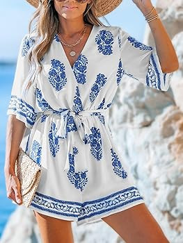 CUPSHE Rompers for Women Summer Casual V Neck Sleeveless Short Jumpsuit One Piece Outfit Beach Va... | Amazon (US)