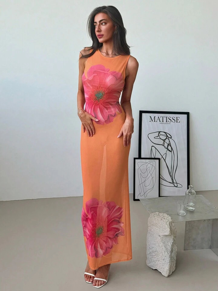 Aloruh Romantic Date Orange Mesh Printed Bodycon Dress For Women | SHEIN