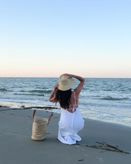 Summer beach outfit, linen maxi coverup with open back (wearing XS), French market tote, bucket hat

#LTKSeasonal