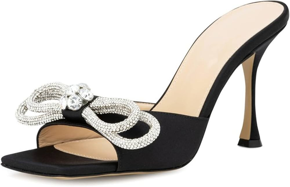 BlingQueen Women's Heeled Sandals Double Rhinestones Bow Satin Mules Square Open Toe Slip on Stil... | Amazon (US)