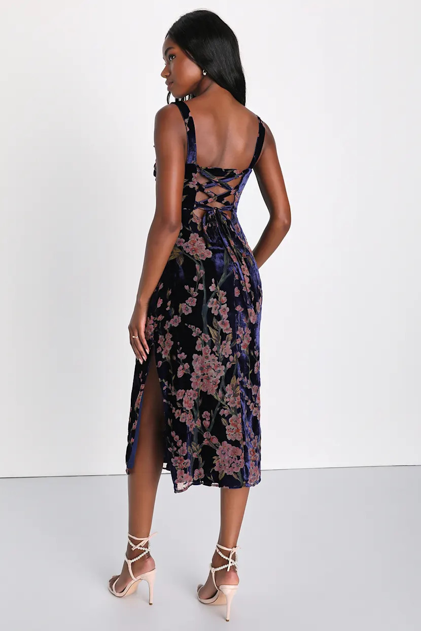 Romantic Stunner Navy Blue Floral Burnout Velvet Lace-Up Dress | Lulus