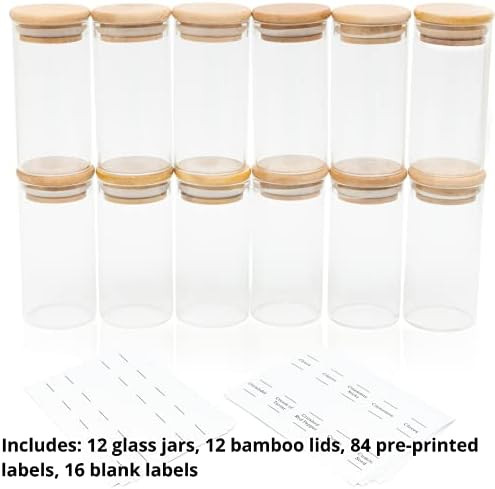12 Piece- 4oz Eco-friendly Bamboo Lid Glass Spice Jar Set with 84-Minimalist Pre-Printed Waterpro... | Amazon (US)