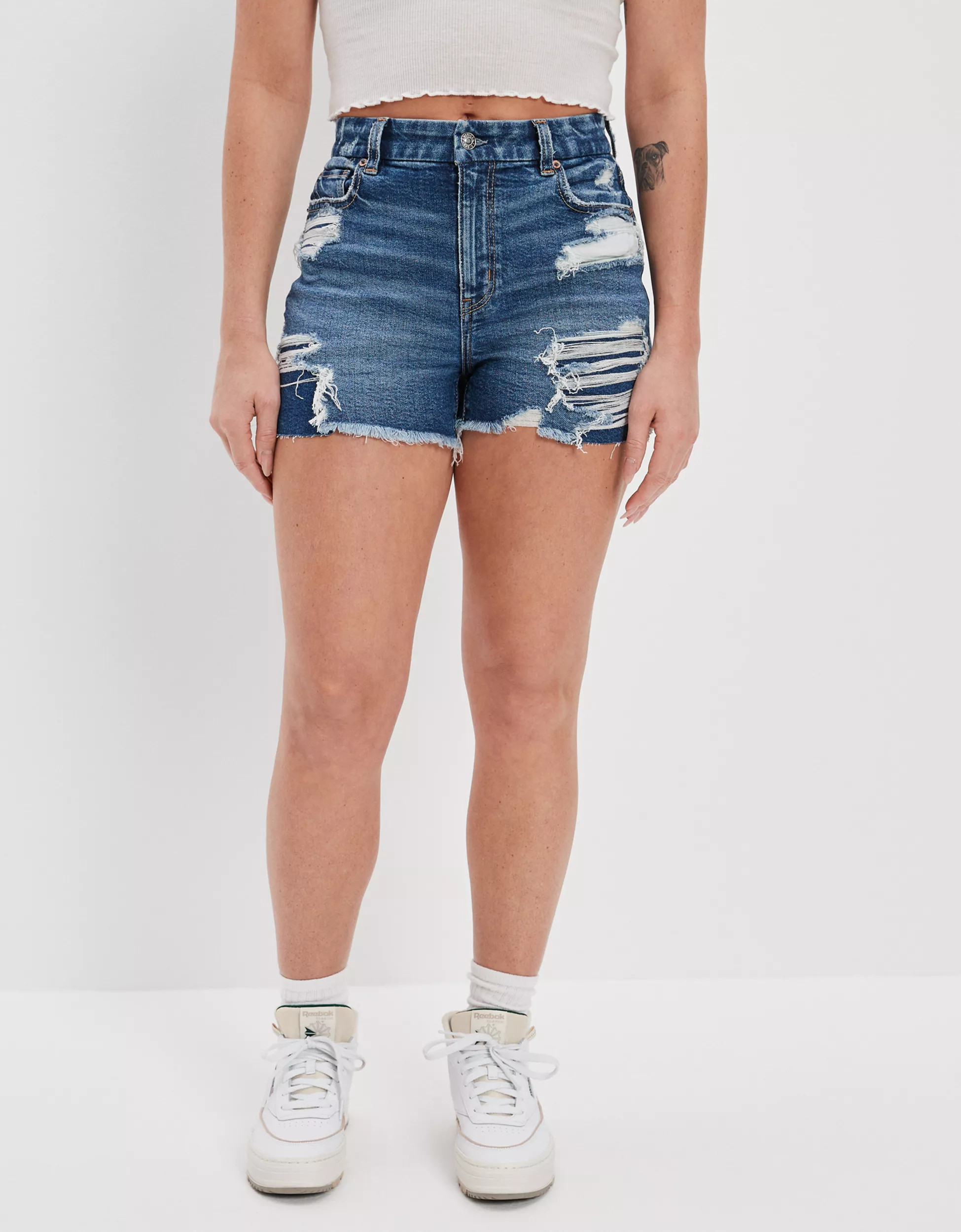 AE Strigid Curvy Denim Mom Shorts | American Eagle Outfitters (US & CA)