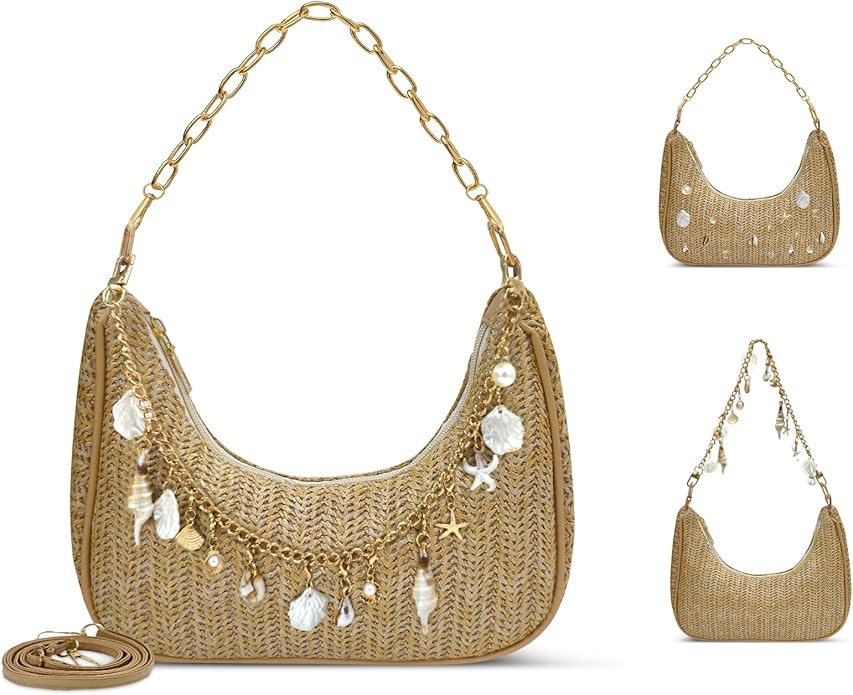 Beach Purse Straw Shoulder Bag for Women, Summer Purse with Shell Pearl Bag Charms & 2Pcs Detacha... | Amazon (US)
