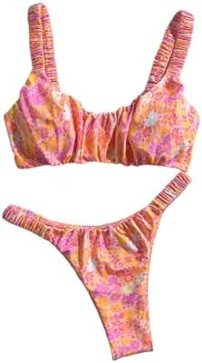 OYOANGLE Two Piece Swimsuit for Women Floral Thong Bikinis Set Ruched High Cut Bathing Suit | Amazon (US)