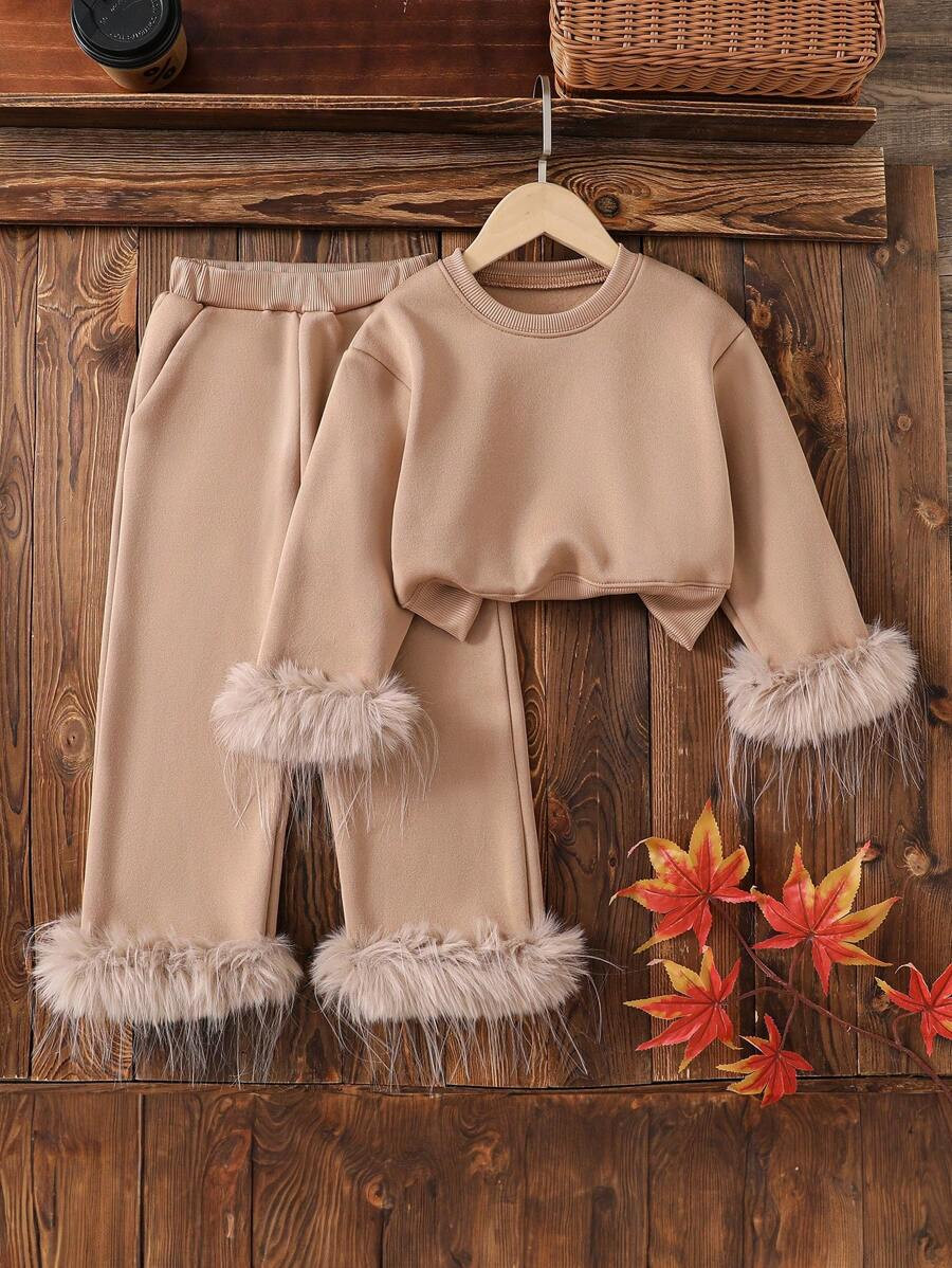 2pcs/Set Young Girl Adorable Purple Furry Hem Outfit Set, With Feather Trim Cuffs & Hem Design, S... | SHEIN