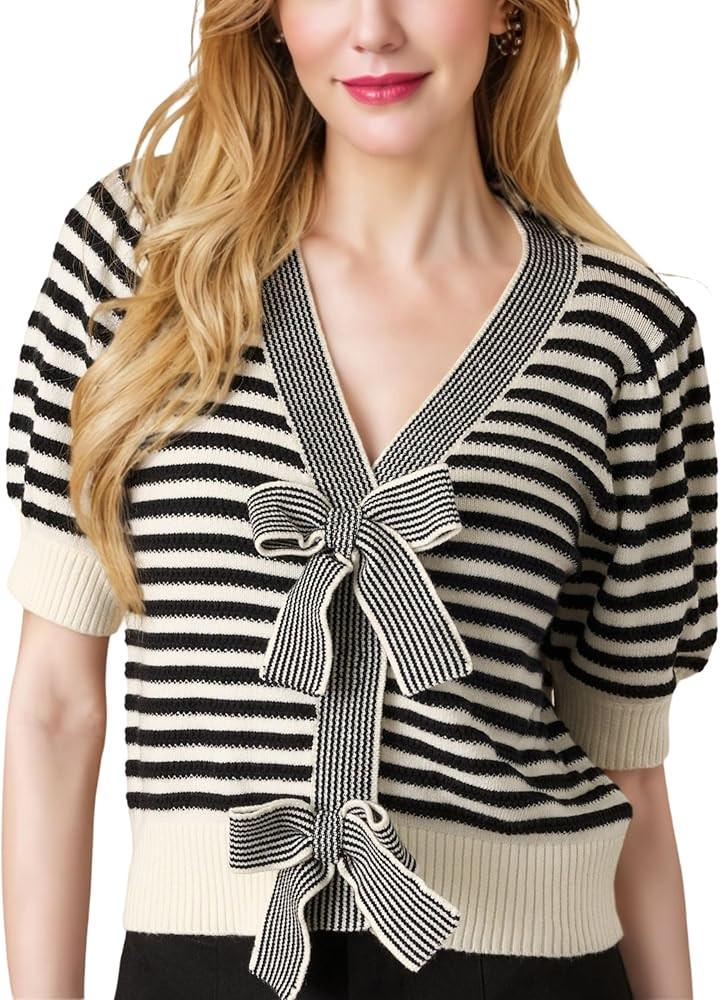 InterNos Womens Bow Front Short Sleeves Sweater Classic Striped V Neck Cropped Knit Pullover Tops | Amazon (US)